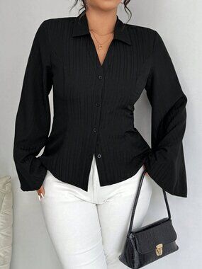 Black Casual Women's Plus Size Long Sleeve Single-Breasted Loose Shirt